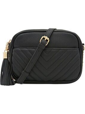 Chevron Quilted Crossbody Bag with Chain Strap & Tassel - Stylish Camera Purse
